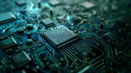 A detailed close-up of a circuit board with microchips, capacitors, and traces.