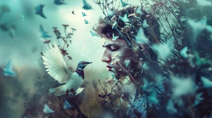 A profile view of a young person's face emerges from an ethereal, blue-toned scene. The person appears calm and introspective. The image is highly stylized, with elements of nature seamlessly integrat