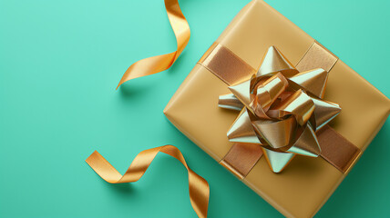 Elegant gold-wrapped gift box with a luxurious bow on a teal background.