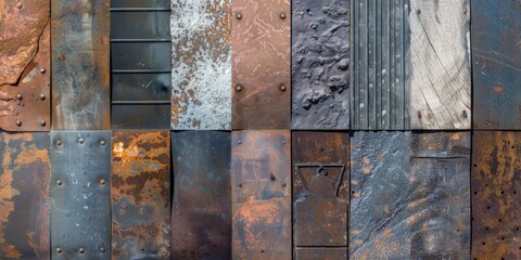 Rusty metal panels with decorative patterns. Weathered industrial surfaces. - obrazy, fototapety, plakaty