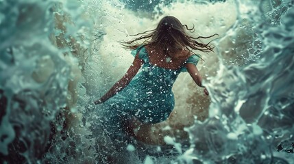 A person with long flowing hair is seen from behind, caught mid-movement amidst a dynamic and powerful splash of water. They are wearing a blue dress, and their posture suggests movement and freedom, 