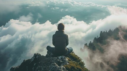 A person is seen sitting cross-legged at the edge of a cliff, overlooking a magnificent view of clouds and mountain peaks. The individual is looking out towards the horizon wearing a warm jacket and j