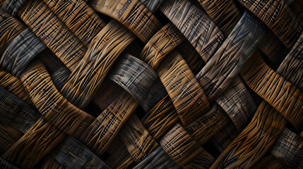 A close up of a woven piece of wood with a brown and black color scheme. The image has a rustic and natural feel to it, with the wood grain and texture creating a sense of warmth and depth
