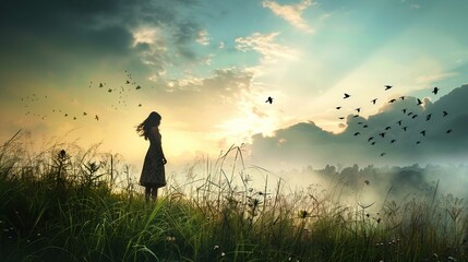 A silhouette of a woman standing in the midst of tall wild grasses. Her hair and dress appear to be gently moved by the wind. The woman is looking to the right and facing a vibrant sunrise or sunset,  - Powered by Adobe