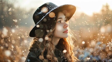 The image showcases a young woman outdoors during what appears to be winter or a cold day, as indicated by the snowflakes visible in the air and settled on her black hat. The woman has a fair complexi