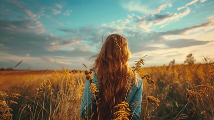 A person with long hair is standing in the middle of a wild grass field during the golden hour, which provides warm lighting. The sky is a mix of blue and adorned with soft orange hues from the sunset - Powered by Adobe