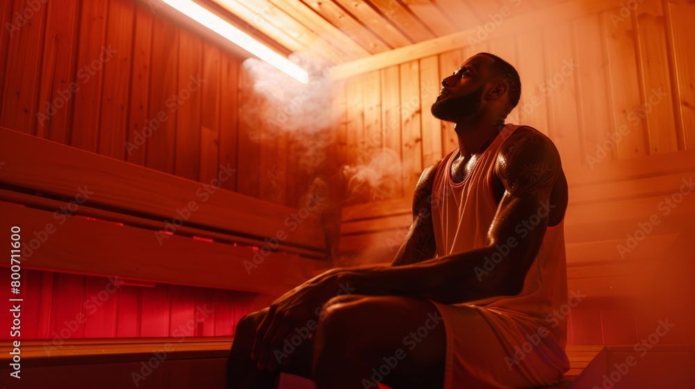 Poster an image of a professional basketball player using a sauna during a gameday routine emphasizing how 