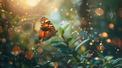 A vibrant butterfly with orange, black, and white patterned wings perches delicately on a green leaf amidst a dreamy, bokeh-filled backdrop. The sun, possibly setting, creates a warm glow and numerous - Powered by Adobe