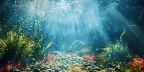 A bright blue ocean scene with lots of fish and plants