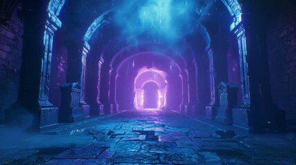 Hues of blue and purple dance across the walls of the crypt casting an otherworldly glow over the ancient tombs that lay within. A . .