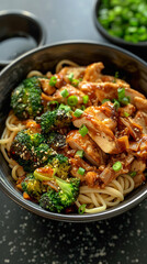Vertical chicken noodle bowl with broccoli