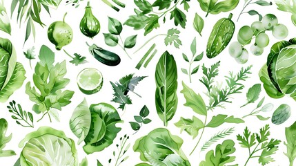 watercolor pattern, leaves, vegetables, only green, lots of white space