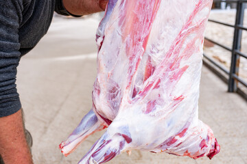 butchery selling fresh meat from hanging lamb outdoor