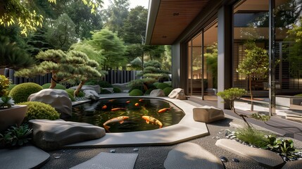 tranquil Zen garden room with a koi pond, bonsai trees, and stone pathways, 3d, illustration