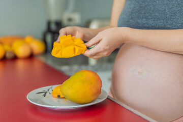 A skillful pregnant woman delicately cuts into a ripe mango, savoring a moment of culinary joy and nourishing her pregnancy with a fresh and flavorful treat