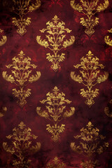 A red and gold floral wallpaper with a gold trim. The wallpaper is very ornate and has a vintage feel to it