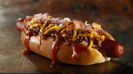 Chili dog with raw onions and text space