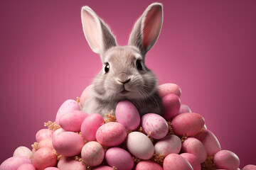 easter bunny surrounded by many easter eggs on pink background