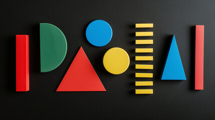 Colorful stripes, dots and shapes on black