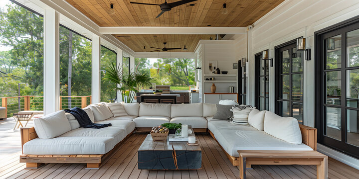 Modern beach coastal veranda porch sofa pillows lounge white paint natural timber wood deck roof Hamptons luxury BBQ backyard patio house resort vibes contemporary Cape Cod summer home outdoor living 