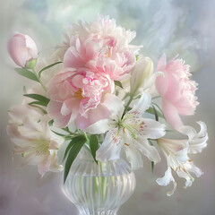 A vase of pink flowers with a white lily in the center. The flowers are arranged in a way that creates a sense of balance and harmony. The vase itself is clear and allows the viewer to see the flowers