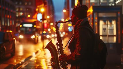 Musician playing saxophone on bustling city street at night