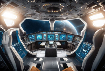 'nasa furnished image this elements rendering 3d earth view interior spaceship spacecraft ship...