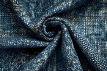 Striped blue and white backdrop featuring diverse denim elements. Stylish composition.