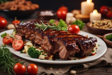 'tasty grilled ribs vegetables meat rib food meal roasted dinner salad dining bar-b-q grill vegetable dish lamb horizontal pork roast beef fat red eat diet bone plate green pepper paprika colours'