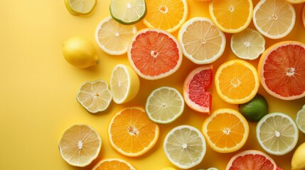 A composition of citrus fruits (lemons, limes, oranges) cut into slices generative ai