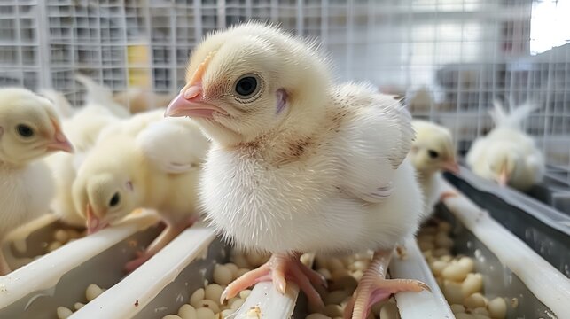 Close up view of white feather broiler chicken inside modern chicken farm cage.