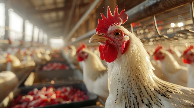 Close up view of white feather broiler chicken inside modern chicken farm cage.