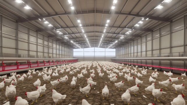Modern and clean white feather broiler chicken cage, laying hen farming industry.