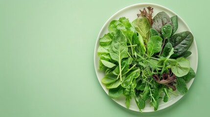 A composition of green leafy vegetables (spinach, lettuce, arugula) arranged on a white plate generative ai