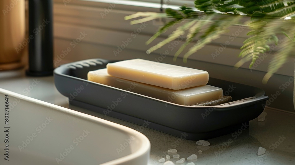 Poster A sleek modern soap dish with a matte finish and clean lines designed to keep soap bars dry and extend their lifespan..