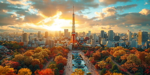 Tokyo Tower, cityscape, sky and clouds, bustling streets and skyscrapers, parks and trees around...
