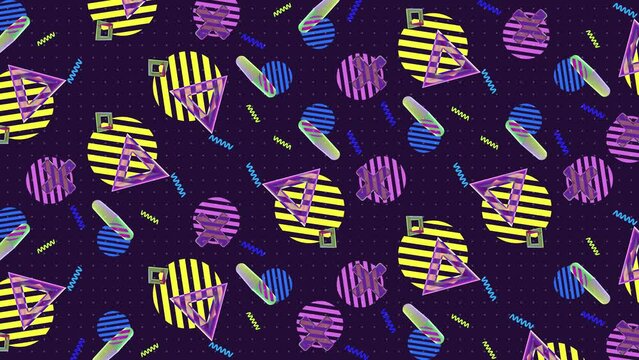 Retro pop art design patterns. Memphis style with geometrical shapes of different vintage colors. Abstract looped animation