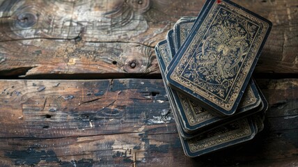 Stack of playing cards on rustic wooden surface