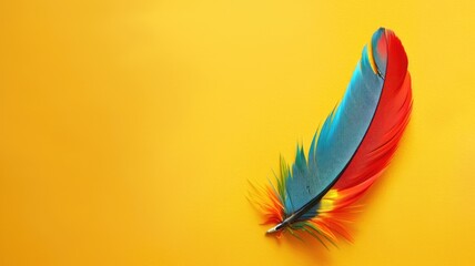 Vibrant red and blue feather on yellow background