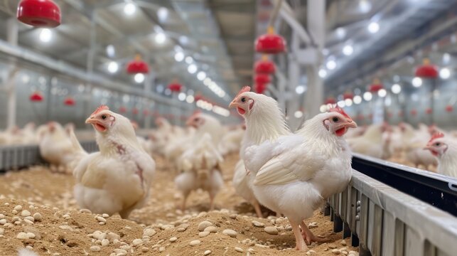 Modern and clean white feather broiler chicken cage, laying hen farming industry.