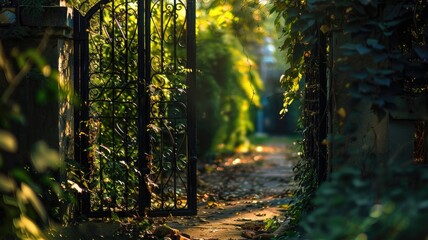 Open ornate gate leads into sunlit garden path lined with foliage - Powered by Adobe