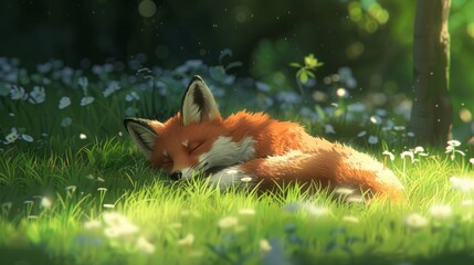 fox sleeping on grass