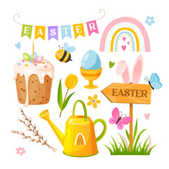 Set of cute cartoon Easter elements with colorful painted eggs, Easter cake, spring flowers, and another holiday elements isolated on white background.
