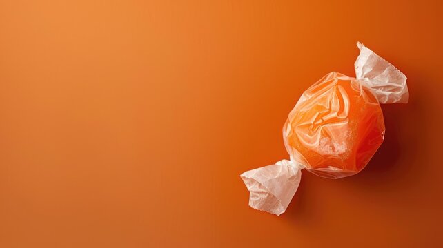 Orange candy wrapped in twisted white paper on orange background