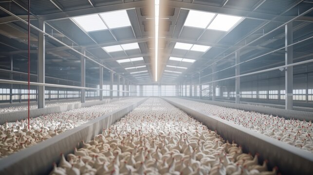 Modern and clean white feather broiler chicken cage, laying hen farming industry.