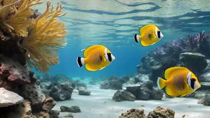 Fototapeta premium Underwater web banner with copy space, yellow tropical fish against a panoramic water background, and three-spot angelfish (Apolemichthys trimaculatus)Delphotostock