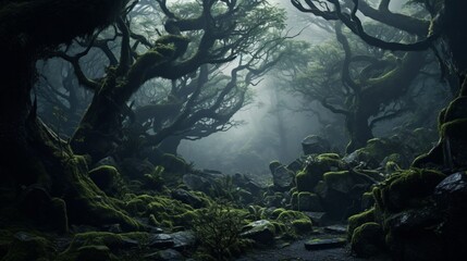A mystical forest shrouded in fog, with ancient trees cloaked in moss and mysterious creatures...