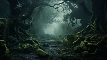 A mystical forest shrouded in fog, with ancient trees cloaked in moss and mysterious creatures...