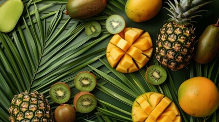 A composition of tropical fruits (kiwis, pineapples, mangoes) on a palm leaf background generative ai