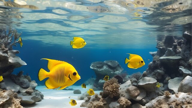 Underwater web banner with copy space, yellow tropical fish against a panoramic water background, and three-spot angelfish (Apolemichthys trimaculatus)Delphotostock